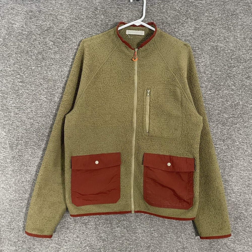 Outerknown Jacket Mens Large Green Recycled Fleece Bomber Full Zip Snap Skyline